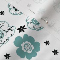 French script floral in Black, White and Spoonflower blue-ch