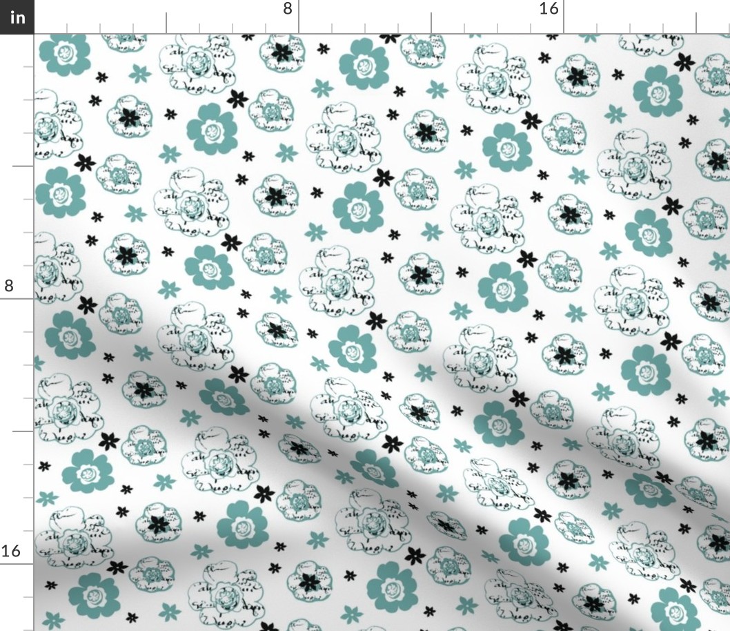 French script floral in Black, White and Spoonflower blue-ch