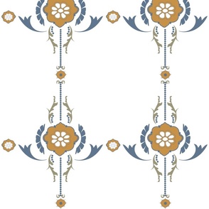 14th Century Floral Pattern Design, colors Yellowish Orange, Blue Grey 