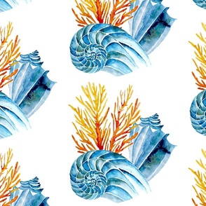 Sea life pattern shells and coral blue and orange
