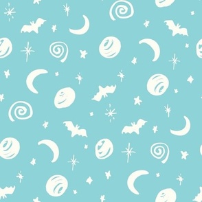 Magic Sky stars bats moons planets teal blue by Jac Slade