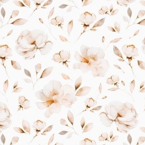 Peach blossom. Neutral floral watercolor. Natural beige flowers.