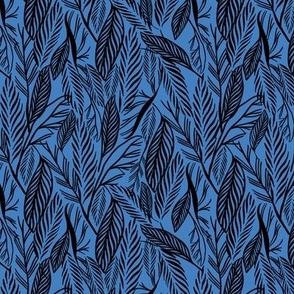 Small - Black on Blue, tropical leaves texture pattern
