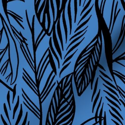 Large - Black on Blue, tropical leaves texture pattern
