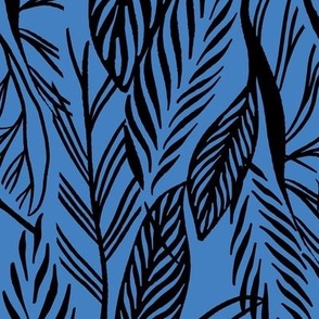 Large - Black on Blue, tropical leaves texture pattern