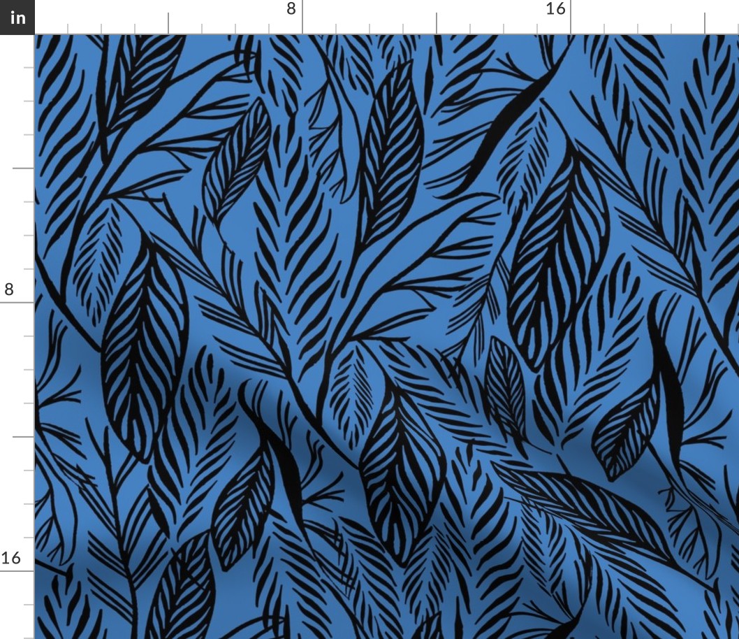 Large - Black on Blue, tropical leaves texture pattern