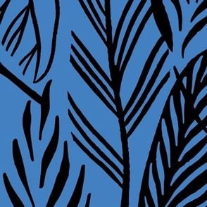 Jumbo- Black on Blue, tropical leaves texture pattern