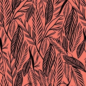 Medium - Black on Coral, tropical leaves texture pattern