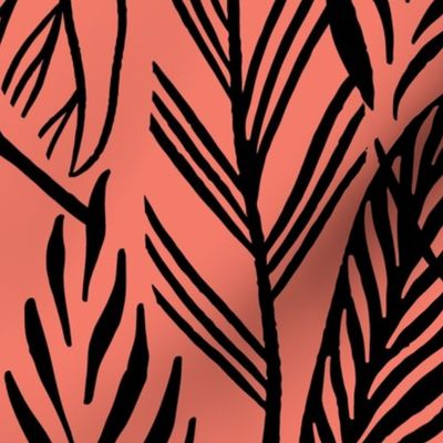 Jumbo - Black on Coral, tropical leaves texture pattern