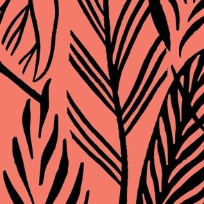 Jumbo - Black on Coral, tropical leaves texture pattern