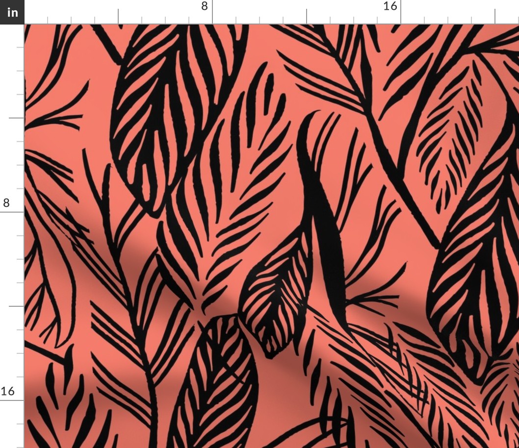 Jumbo - Black on Coral, tropical leaves texture pattern