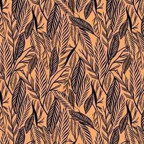 Small - Black on Orange, tropical leaves texture pattern
