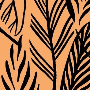 Jumbo - Black on Orange, tropical leaves texture pattern