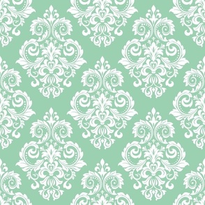 Bigger Scale Floral Damask White on Mint Green