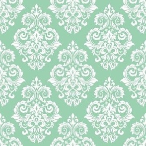 Smaller Scale Floral Damask White on Mint Green