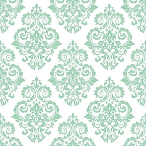 Bigger Scale Floral Damask Mint Green on White