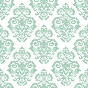 Smaller Scale Floral Damask Mint Green on White