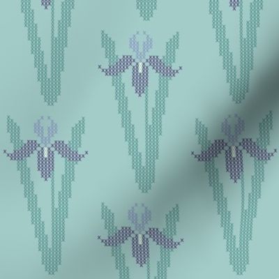 Cross-stitch iris garden embroidery pattern and cheater fabric - look at swatch view to see stitches