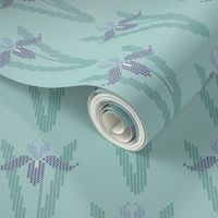 Cross-stitch iris garden embroidery pattern and cheater fabric - look at swatch view to see stitches