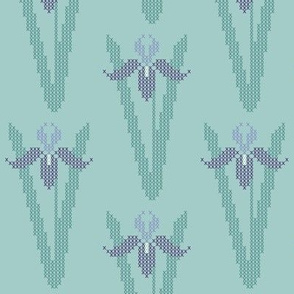 Cross-stitch iris garden embroidery pattern and cheater fabric - look at swatch view to see stitches