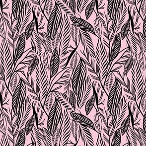 Small - Black on baby Pink, tropical leaves texture pattern