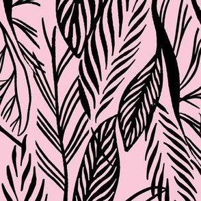 Large - Black on baby Pink, tropical leaves texture pattern