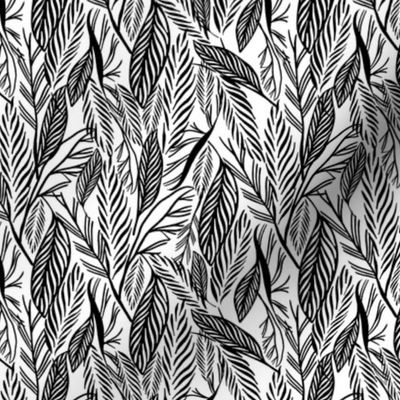 Small - Black on White, tropical leaves texture pattern