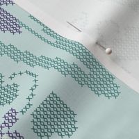  Cross-stitch iris  & violet border embroidery pattern and cheater fabric on pale seafoam - look at swatch view to see stitches