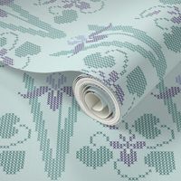  Cross-stitch iris  & violet border embroidery pattern and cheater fabric on pale seafoam - look at swatch view to see stitches