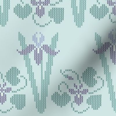  Cross-stitch iris  & violet border embroidery pattern and cheater fabric on pale seafoam - look at swatch view to see stitches