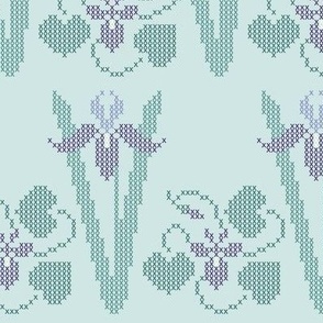  Cross-stitch iris  & violet border embroidery pattern and cheater fabric on pale seafoam - look at swatch view to see stitches