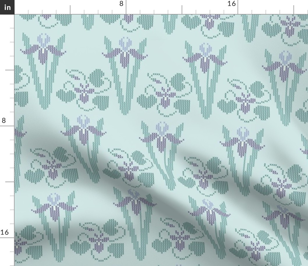  Cross-stitch iris  & violet border embroidery pattern and cheater fabric on pale seafoam - look at swatch view to see stitches