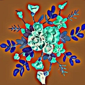 Bouquet floral en vert bleu saphir et  denim sur un fond citrouille et mordoré
