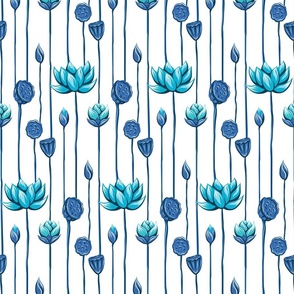Lotus Flowers, Buds, and Pods in Turquoise and Denim on White