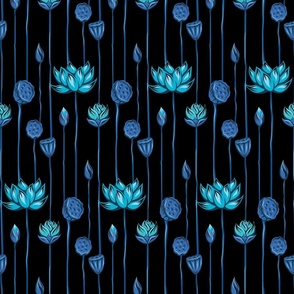 Lotus Flowers, Buds, and Pods in Turquoise and Denim on Black