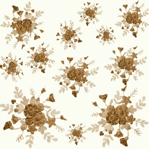 Composition florale en tons beige et marron sur fond blanc 