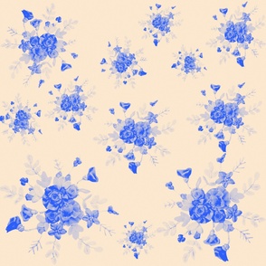 composition florale en tons bleus sur fond saumon et disposé en différentes tailles 