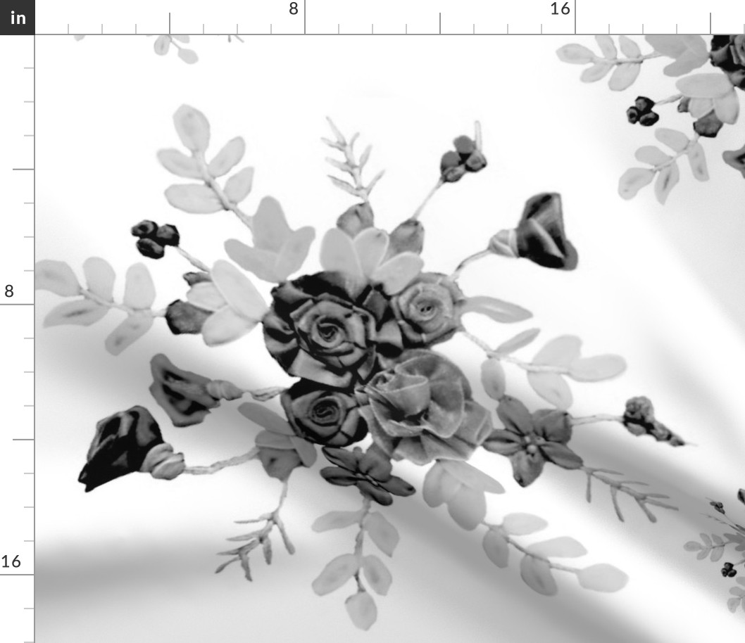 composition florale en noir et gris sur fond blanc 