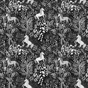 Unicorns in the Woods of Wonderment (black and white small scale)
