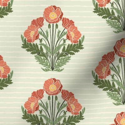 Woodblock Print Poppy Floral - Retro Green/Orange - Small Scale