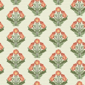 Woodblock Print Poppy Floral - Retro Green/Orange - Small Scale