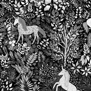 Unicorns in the Woods of Wonderment (black and white large scale)  