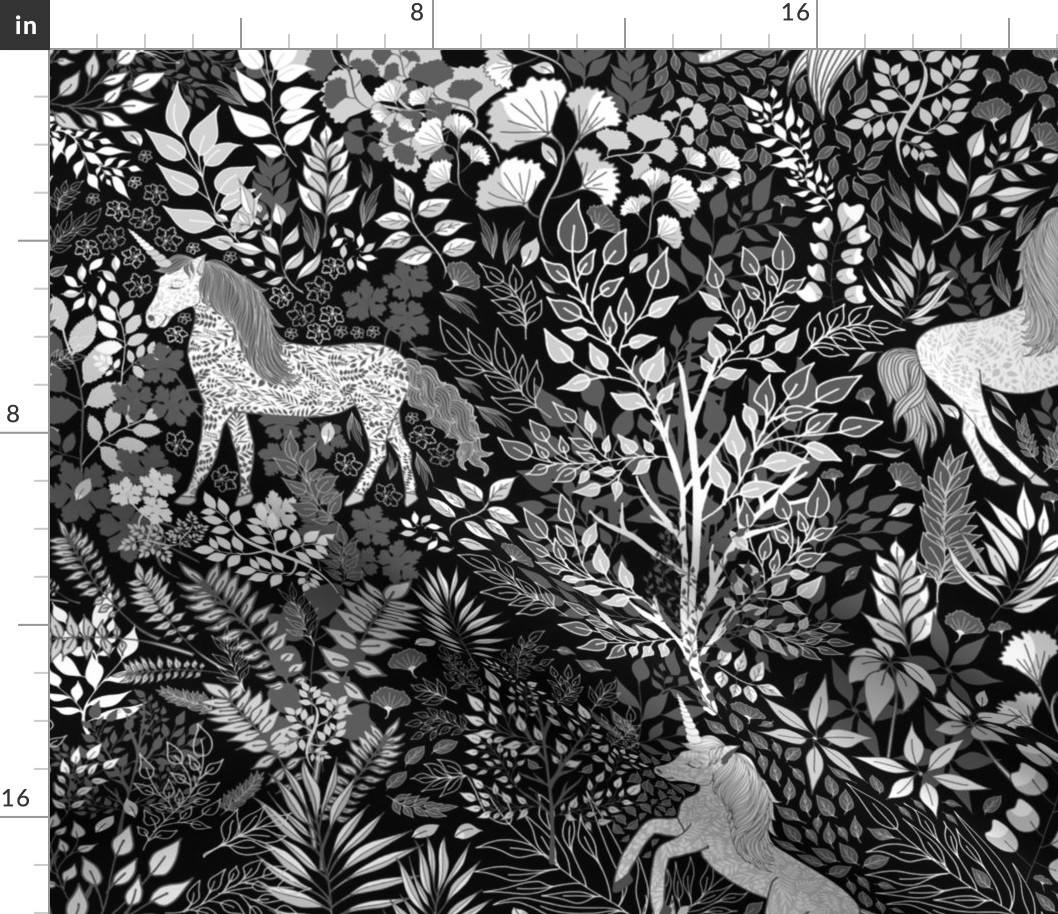 Unicorns in the Woods of Wonderment (black and white large scale)  