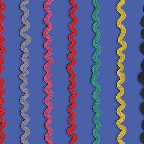 wonky quirky ric rac passementerie sewing accessories, medium large scale, periwinkle red pink green blue lavender gray brown colorful dark colors vertical stripes