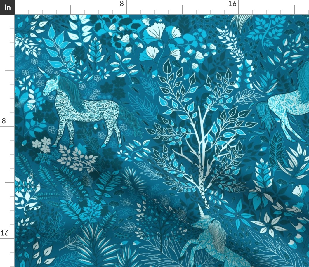 Unicorns in the Woods of Wonderment (aqua large scale)  