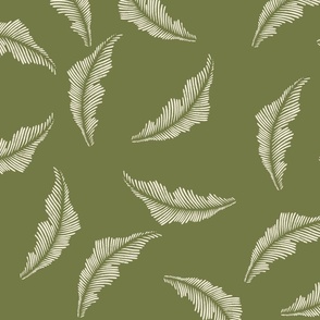 Large Western tossed fern/feather in olive green for wallpaper and clothing