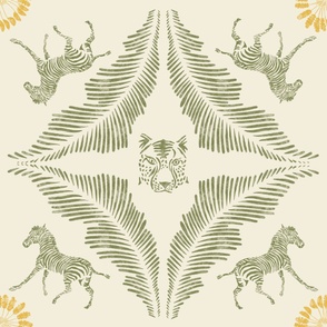 Hand drawn tiger, zebra and fern wallpaper in olive green and mustard yellow