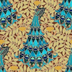 1897 Vintage "Peacocks in the Rowan Trees" Art Nouveau by Maurice Vernauil - Original Colors