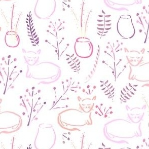 Cats and Plants Fabric, Kitty Cat, Pink Cat Fabric, Hand Drawn, Line Drawing Cats, small