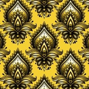 Shimmering Paisley Damask in Saffron Yellow Monochrome - Coordinate